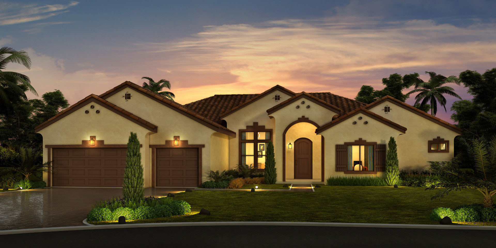 Tan home at dusk with lights on in Fresno, California