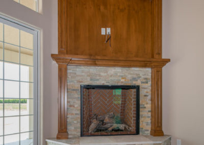 Oak fireplace with stone and brick
